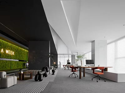 Modern Public Office Space with Green Wall Open Layout Desks and Sofa Seating 3d model
