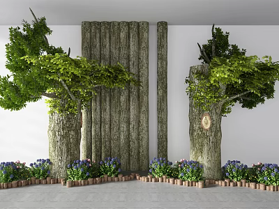 Tall Trees With Thick Trunks Green Leaves Small Plants And Log Walls Against White Background 3d model