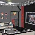 Modern KTV Interior With Red Walls Decorative Artworks Sofas And Coffee Table