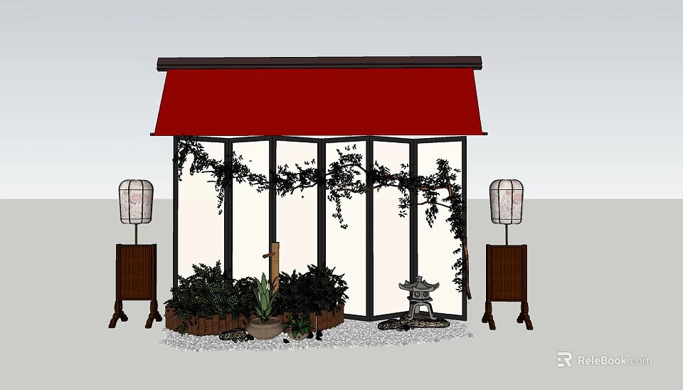 Small Garden Ornament With Red Awning Vines Lanterns Potted Plants And Stone Statue 3d model 