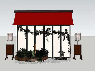 Small Garden Ornament With Red Awning Vines Lanterns Potted Plants And Stone Statue 3d model