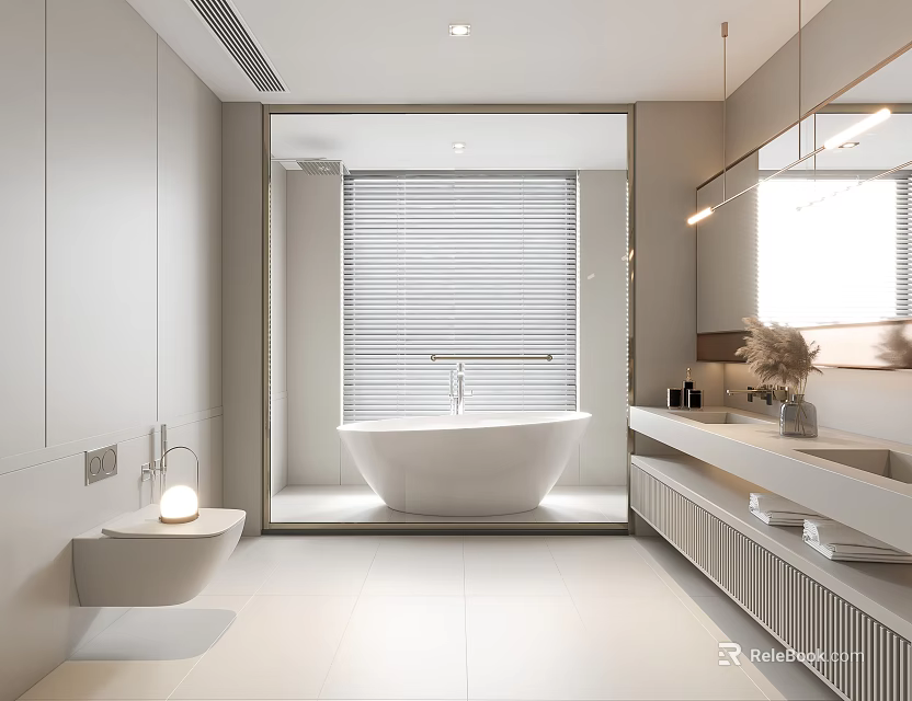 Modern Bathroom Interior Design With Freestanding Bathtub Window Blinds And Vanity Mirror 3d model 