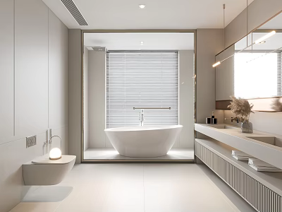Modern Bathroom Interior Design With Freestanding Bathtub Window Blinds And Vanity Mirror 3d model