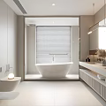Modern Bathroom Interior Design With Freestanding Bathtub Window Blinds And Vanity Mirror