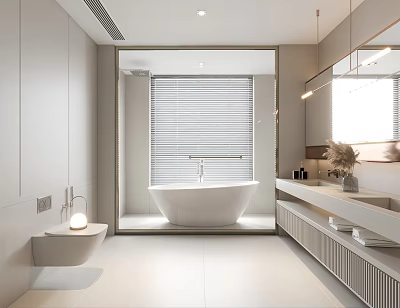 Modern Bathroom Interior Design With Freestanding Bathtub Window Blinds And Vanity Mirror 3d model