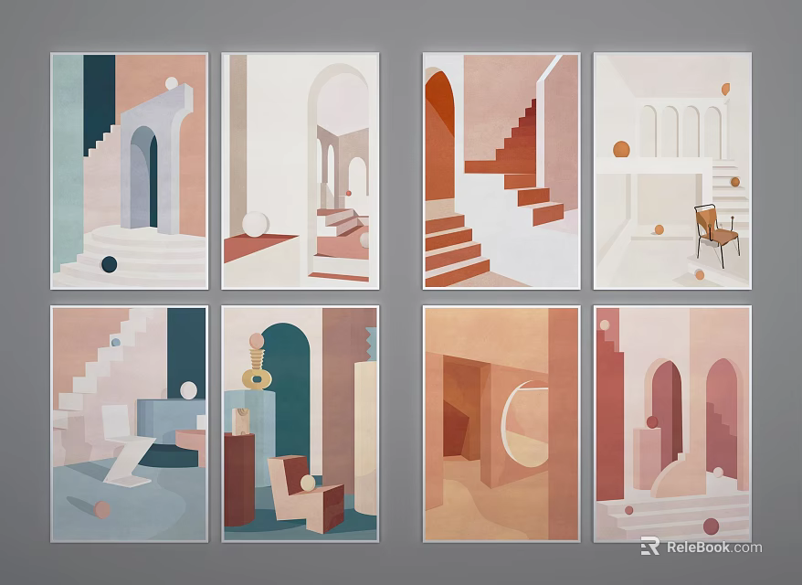 Abstract Interior Paintings With Geometric Shapes Stairs Arches And Soft Colors 3d model 