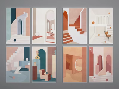 Abstract Interior Paintings With Geometric Shapes Stairs Arches And Soft Colors 3d model