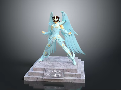 Prince Saint Statue Featuring Divine Blue Wings And Golden Armor On Stone Pedestal 3d model