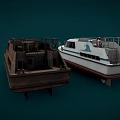 White Yacht With Green Wave Logo On Deck And Vintage Boat Background