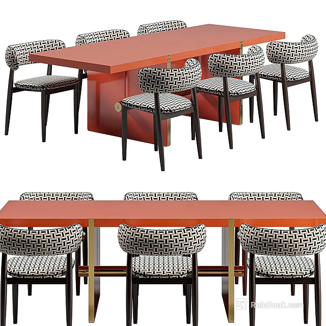 Modern Dining Table Set Featuring Orange Tabletop And Patterned Chairs With Black Legs 3d model