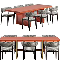 Modern Dining Table Set Featuring Orange Tabletop And Patterned Chairs With Black Legs 3d model