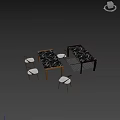 Wooden Dining Table with Marble Top and Upholstered Chairs in Bright Room with Natural View