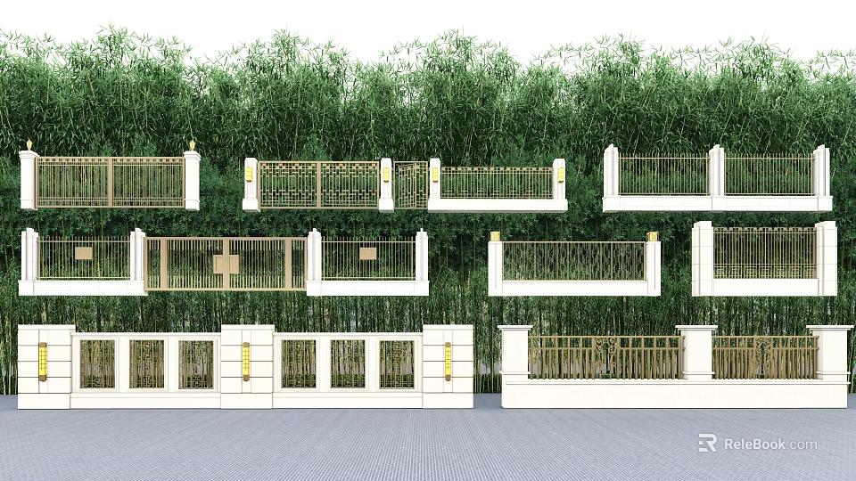 Modern Building Exterior Wall Design With Golden Railings White Bases And Green Plant Background 3d model 