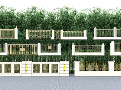 Modern Building Exterior Wall Design With Golden Railings White Bases And Green Plant Background 3d model