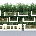 Modern Building Exterior Wall Design With Golden Railings White Bases And Green Plant Background