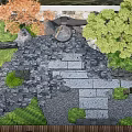 Rockery Stones in Japanese Garden with Wooden Deck Stone Lantern Plants and Mountain View Trees