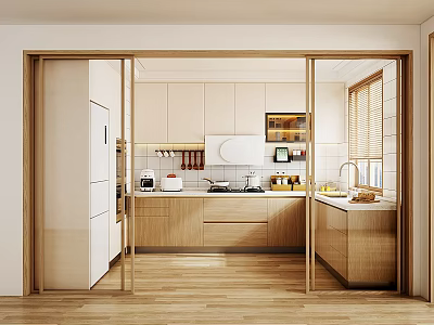 Modern Open Kitchen Interior Design With Wooden Cabinets Countertop Appliances And Windows 3d model