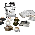 Cozy Café Setting With Coffee Machine Various Coffees Open Book and Desserts