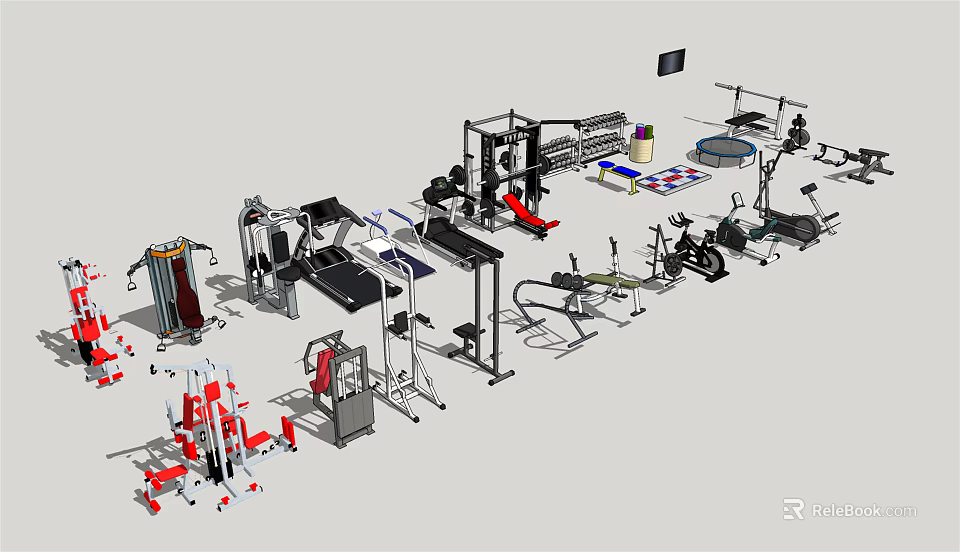 Diverse Sports Equipment Collection Including Treadmill Dumbbells Barbells Fitness Benches And Ellipticals 3d model 