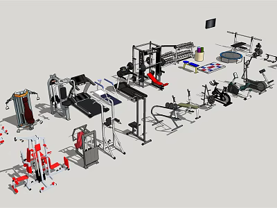 Diverse Sports Equipment Collection Including Treadmill Dumbbells Barbells Fitness Benches And Ellipticals 3d model