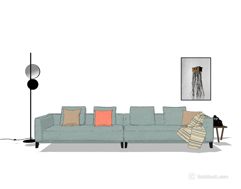 Light Blue Sectional Sofa With Decorative Pillows Floor Lamp And Wall Art 3d model