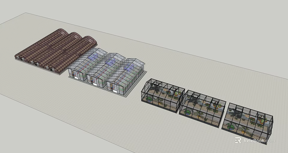 Various Greenhouse Structures with Glass Panels and Plant Growing Areas 3d model 