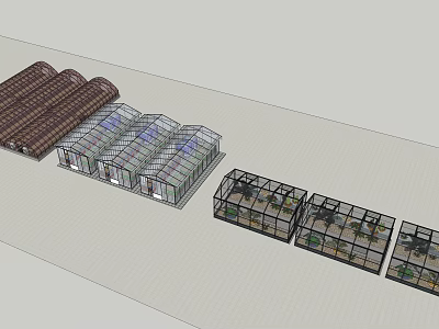 Various Greenhouse Structures with Glass Panels and Plant Growing Areas 3d model