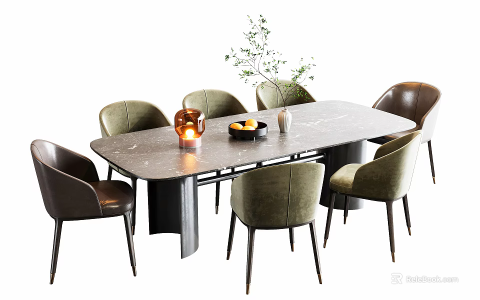 Modern Dining Table Set with Marble Top Brown Green Upholstered Chairs Vase and Fruit Bowl 3d model 