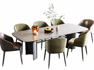 Modern Dining Table Set with Marble Top Brown Green Upholstered Chairs Vase and Fruit Bowl 3d model