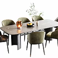 Modern Dining Table Set with Marble Top Brown Green Upholstered Chairs Vase and Fruit Bowl