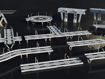 White Modular Scenic Components With Platforms Walkways Railings And Support Beams 3d model