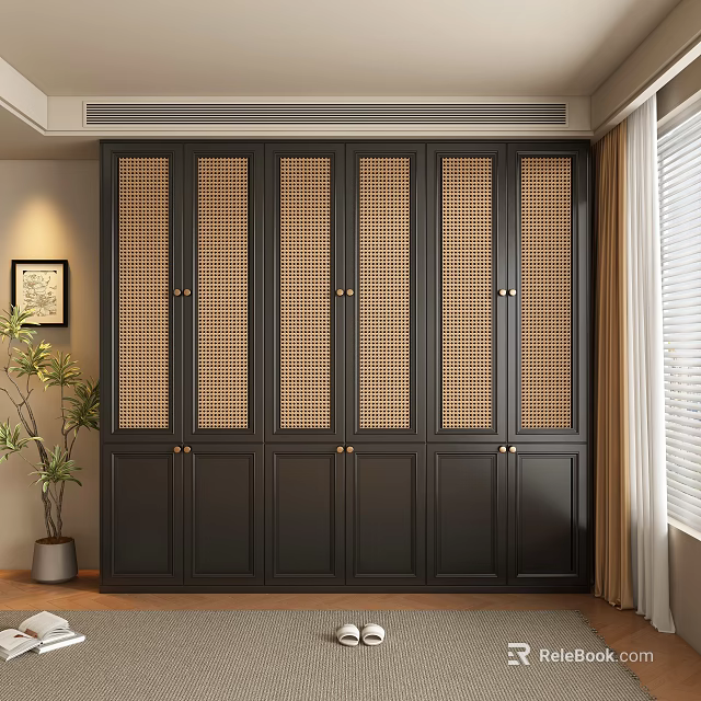 Elegant Dark Colored Wardrobe with Rattan Grid Design in Modern Home Interior 3d model 