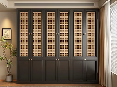 Elegant Dark Colored Wardrobe with Rattan Grid Design in Modern Home Interior 3d model