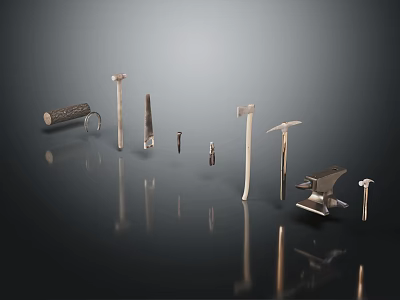 Assorted Hardware Tools Including Hammers Anvils Nails And Pliers On Reflective Black Surface 3d model