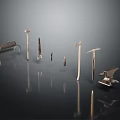 Assorted Hardware Tools Including Hammers Anvils Nails And Pliers On Reflective Black Surface