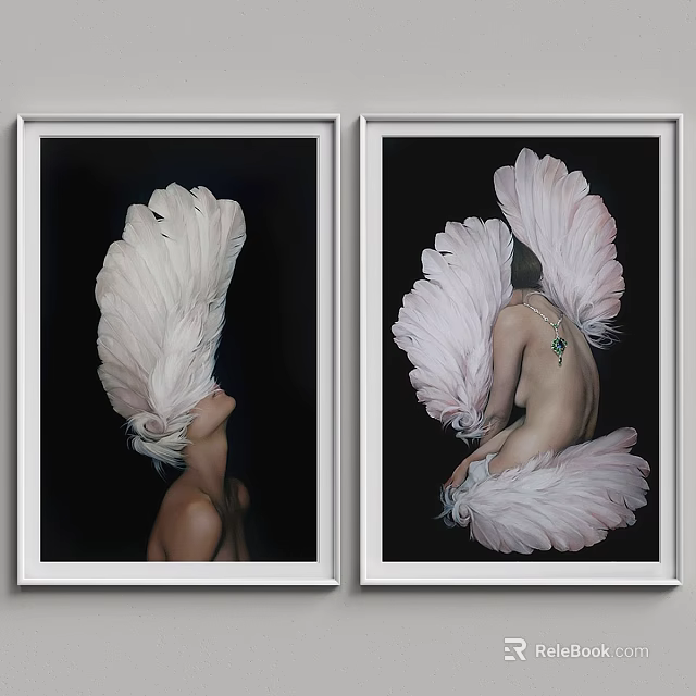 Elegant White Border Picture Frames Showcasing Black Background White Feather Portraits 3d model 