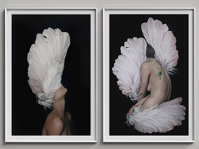 Elegant White Border Picture Frames Showcasing Black Background White Feather Portraits 3d model