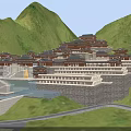 Traditional Ancient Architecture Complex with Mountain Surroundings and Terraced Water Pools in Classical Design