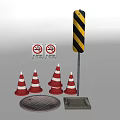 Road Safety Facilities With Traffic Cones No Parking Signs Warning Post Manhole Cover Drainage Grate