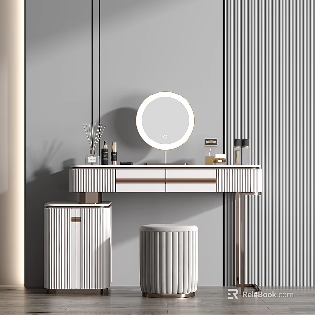 Modern Dressing Table Design With Round Lighted Mirror Striped Cabinet And Matching Stool 3d model 