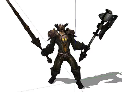 Game Movie Character Warrior In Horned Armor Holding Sword And Axe With Glowing Chest 3d model