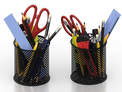 Pens and Stationery in Black Mesh Pen Holders with Scissors Rulers and Pencils 3d model