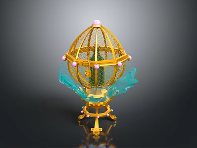 Ornate Birdcage With Golden Frame Green Base And Pink Decorative Accents 3d model