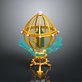 Ornate Birdcage With Golden Frame Green Base And Pink Decorative Accents