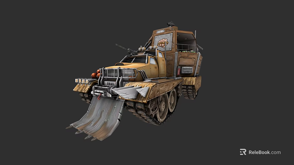 Tan Colored Military Tracked Vehicle With Front Plow Blade And Heavy Duty Design 3d model 