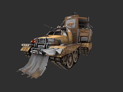 Tan Colored Military Tracked Vehicle With Front Plow Blade And Heavy Duty Design 3d model
