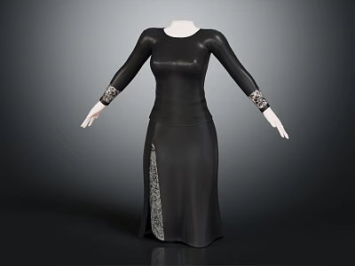 Black Long Dress With Long Sleeves Decorative Cuffs And Side Slit Design 3d model
