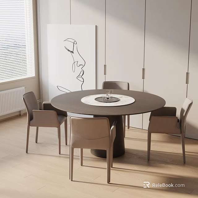 Modern Round Dining Table Set With Four Chairs Hanging Lights And Wall Art 3d model 