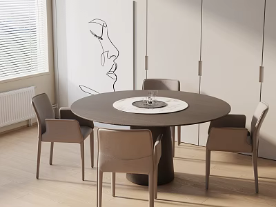 Modern Round Dining Table Set With Four Chairs Hanging Lights And Wall Art 3d model