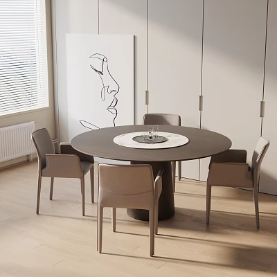 Modern Round Dining Table Set With Four Chairs Hanging Lights And Wall Art 3d model